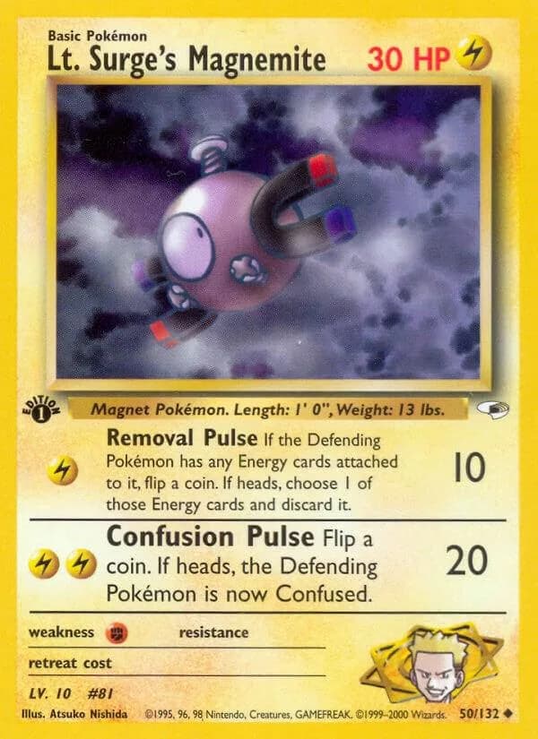 1st Edition Lt. Surge's Magnemite card front, Gym Heroes 50/132