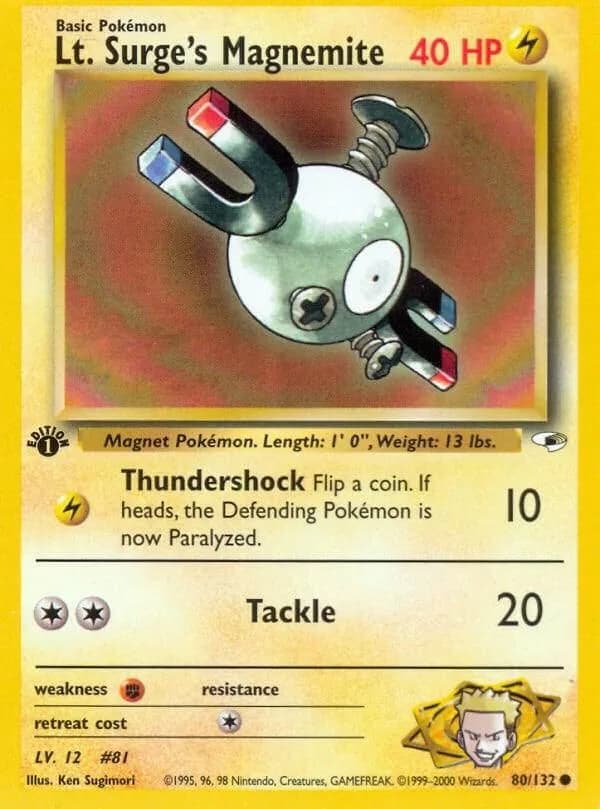 1st Edition Lt. Surge's Magnemite card front, Gym Heroes 80/132