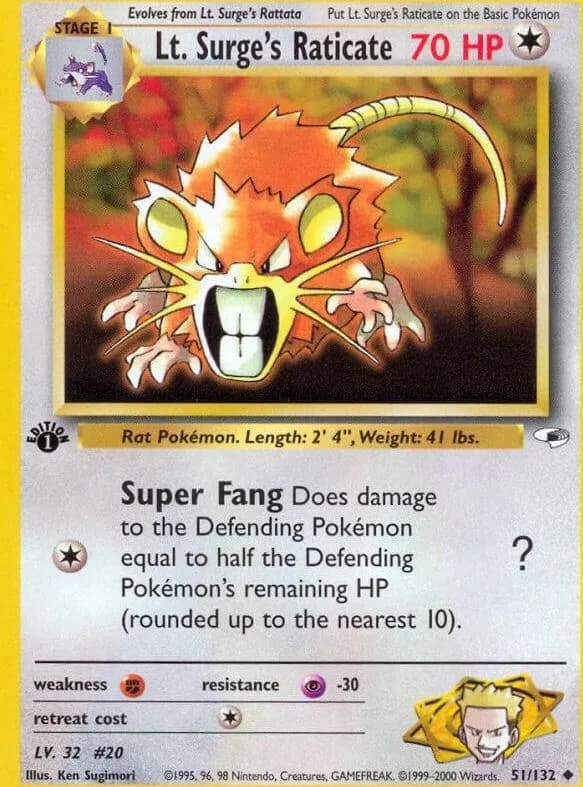 1st Edition Lt. Surge's Raticate card front, Gym Heroes 51/132