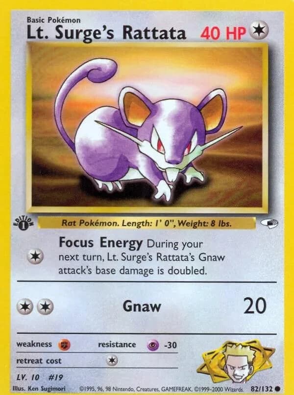 1st Edition Lt. Surge's Rattata card front, Gym Heroes 82/132