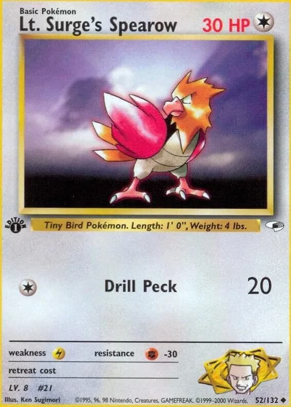 1st Edition Lt. Surge's Spearow card front, Gym Heroes 52/132