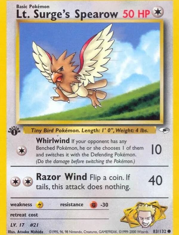 1st Edition Lt. Surge's Spearow card front, Gym Heroes 83/132