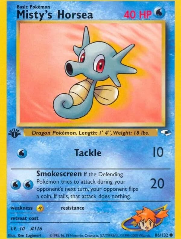 1st Edition Misty's Horsea card front, Gym Heroes 86/132