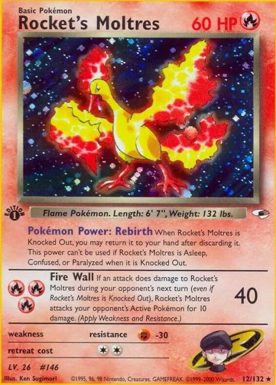 1st Edition Rocket's Moltres card front, Gym Heroes 12/132