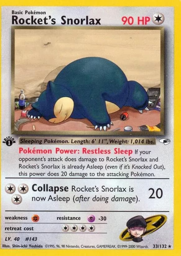 1st Edition Rocket's Snorlax card front, Gym Heroes 33/132