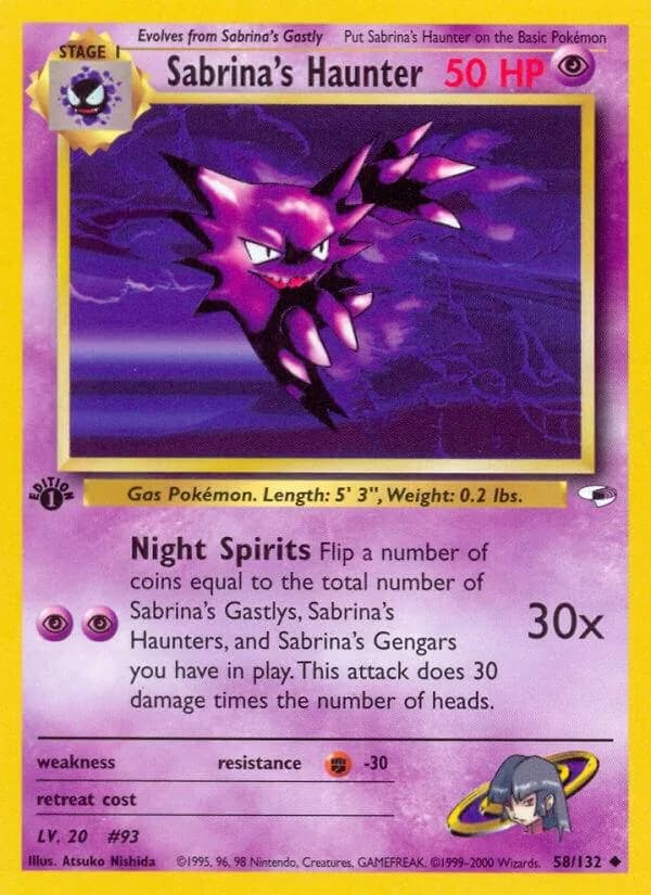 1st Edition Sabrina's Haunter card front, Gym Heroes 58/132
