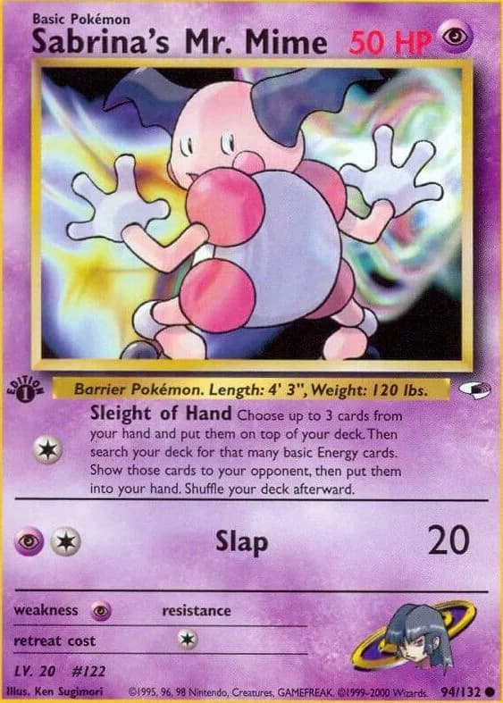 1st Edition Sabrina's Mr. Mime card front, Gym Heroes 94/132
