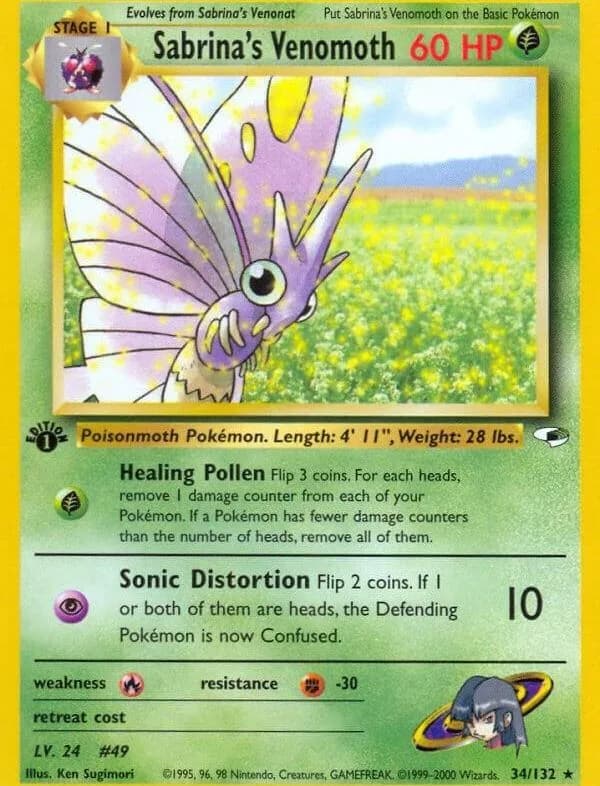 1st Edition Sabrina's Venomoth card front, Gym Heroes 34/132
