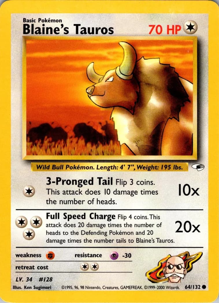 Unlimited Blaine's Tauros card front, Gym Heroes 64/132