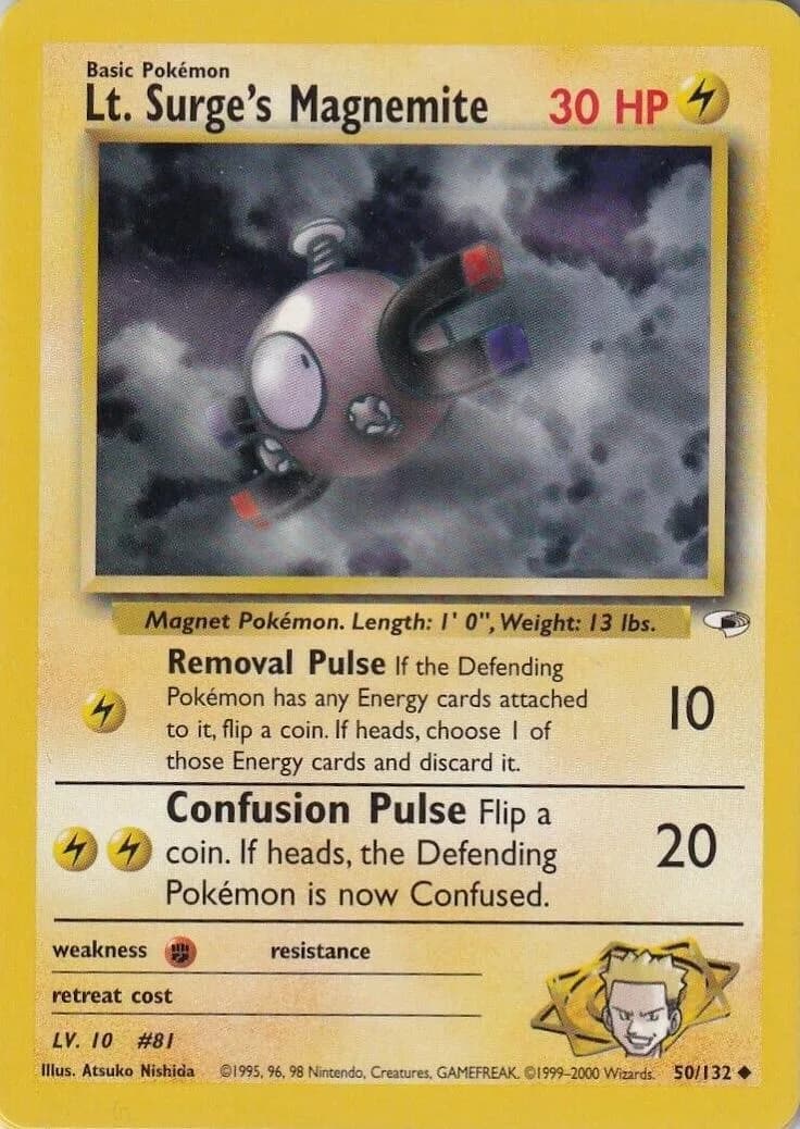 Unlimited Lt. Surge's Magnemite card front, Gym Heroes 50/132