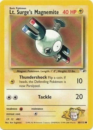 Unlimited Lt. Surge's Magnemite card front, Gym Heroes 80/132