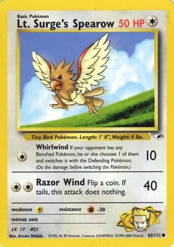 Unlimited Lt. Surge's Spearow card front, Gym Heroes 83/132