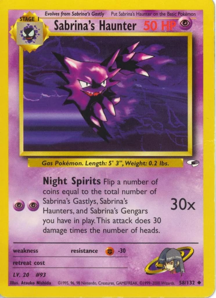 Unlimited Sabrina's Haunter card front, Gym Heroes 58/132