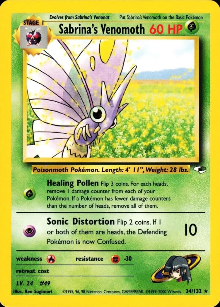 Unlimited Sabrina's Venomoth card front, Gym Heroes 34/132