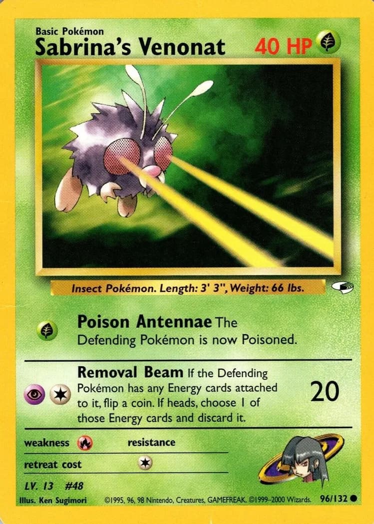 Unlimited Sabrina's Venonat card front, Gym Heroes 96/132