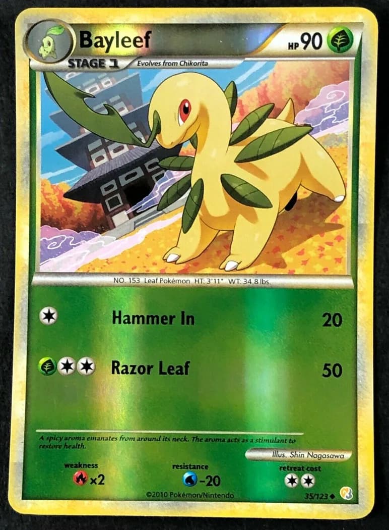 Bayleef reverse holo card front, HeartGold & SoulSilver 35/123