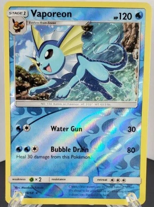 Vaporeon reverse holo card front, Hidden Fates 18/68