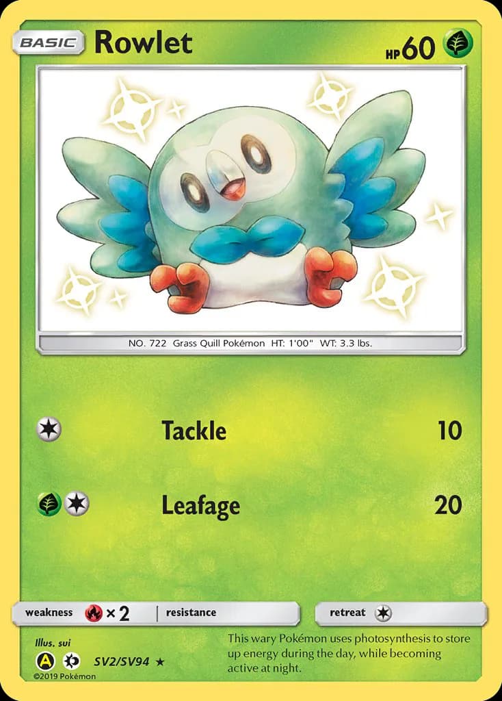 Rowlet card front, Hidden Fates SV2/SV094