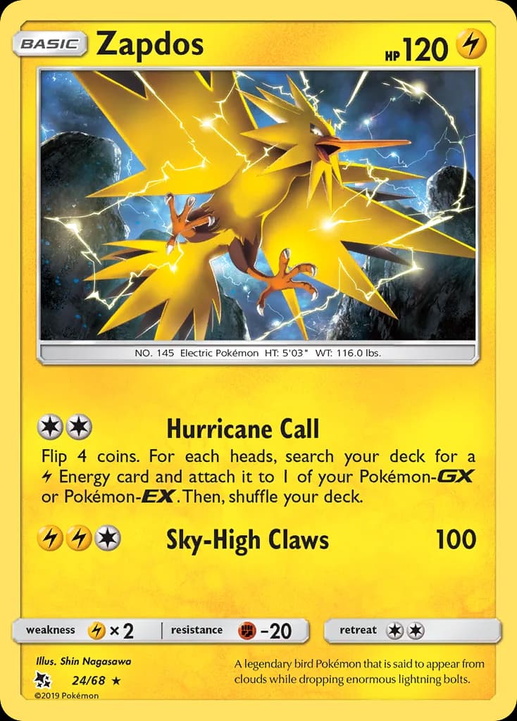 Hidden Fates Zapdos card front, 24/68