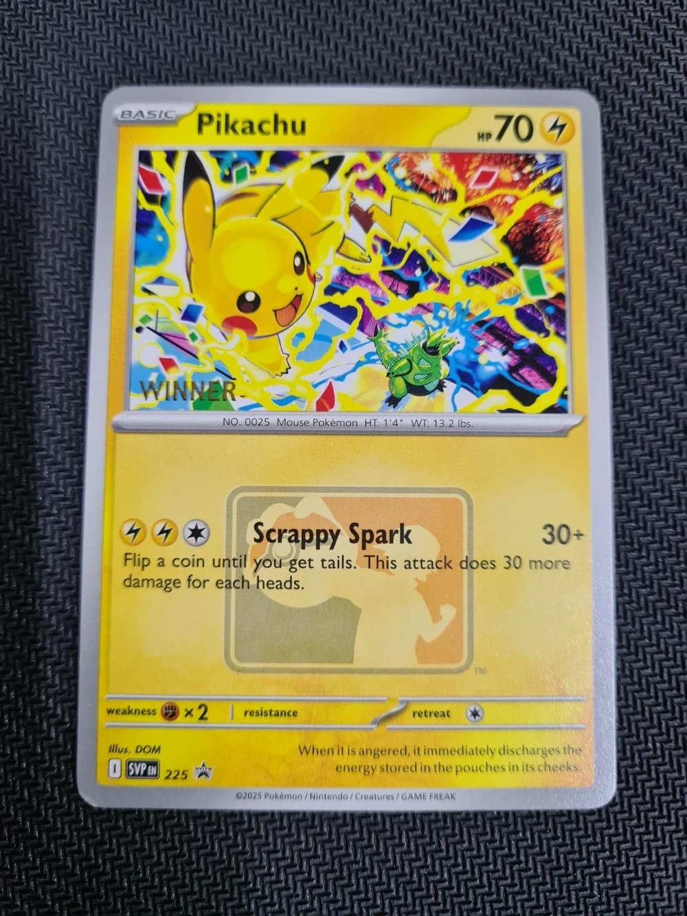 Pikachu, Scarlet & Violet Black Star Promos 225, English reverse holo WINNER card front reference photograph