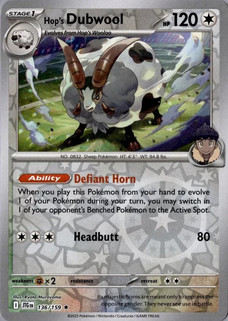 Hop's Dubwool reverse holo card front, Journey Together 136/159