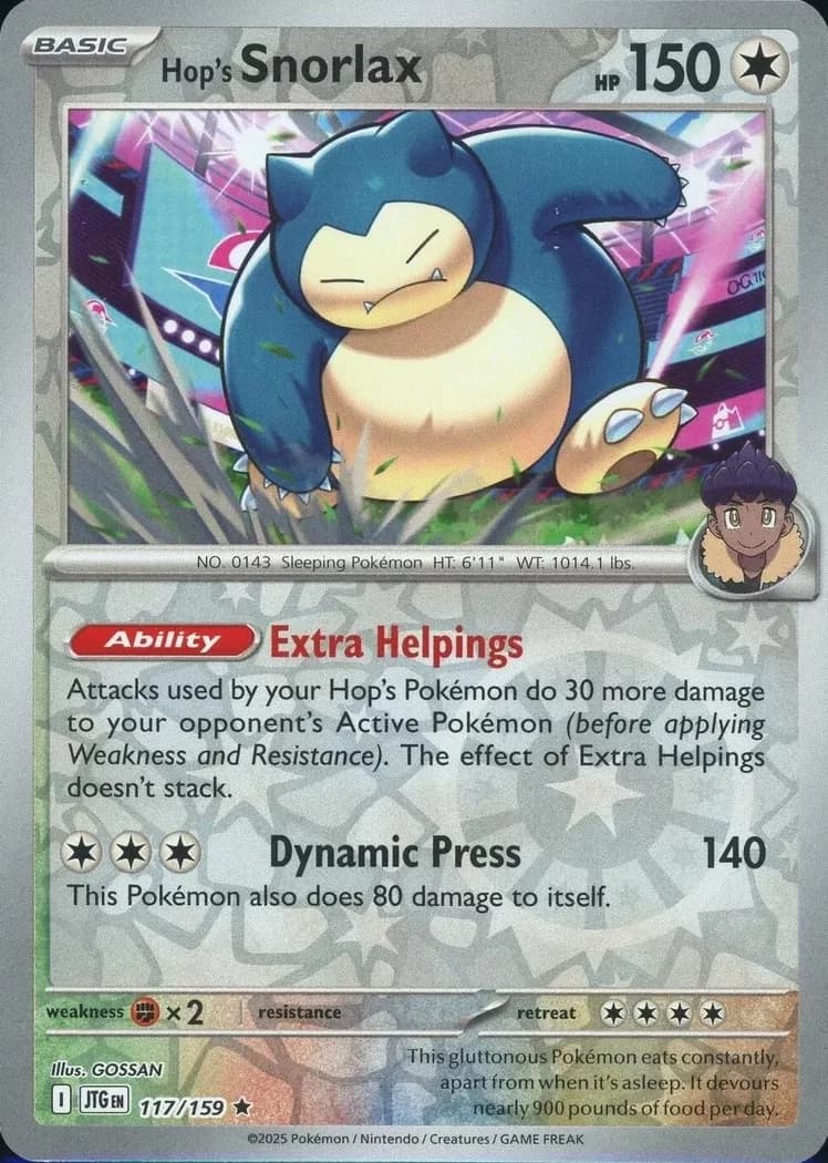 Hop's Snorlax reverse holo card front, Journey Together 117/159