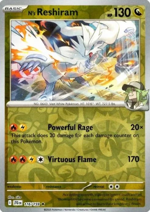 N's Reshiram reverse holo card front, Journey Together 116/159