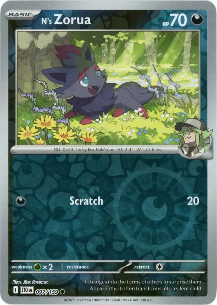 N's Zorua reverse holo card front, Journey Together 97/159