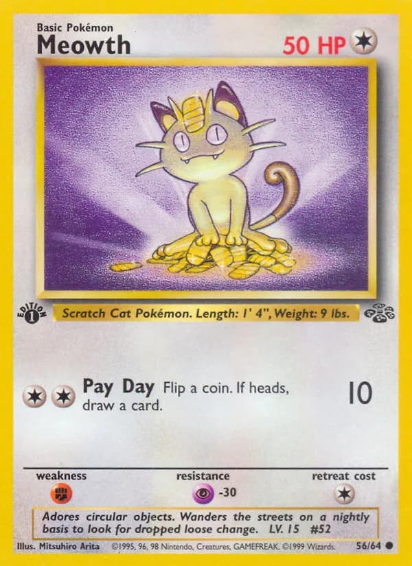 1st Edition Meowth card front, Jungle 56/64
