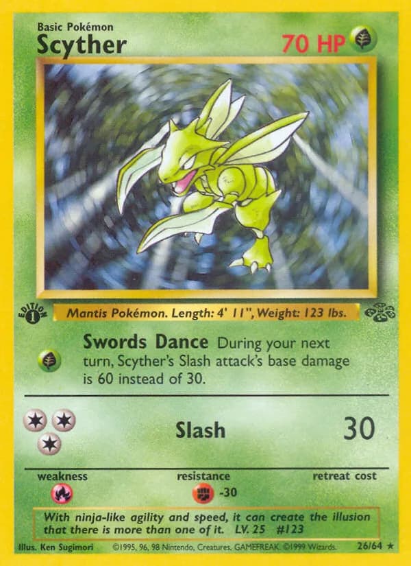 1st Edition Scyther card front, Jungle 26/64