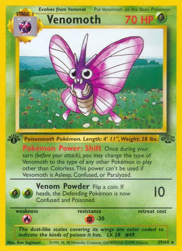 1st Edition Venomoth card front, Jungle 29/64