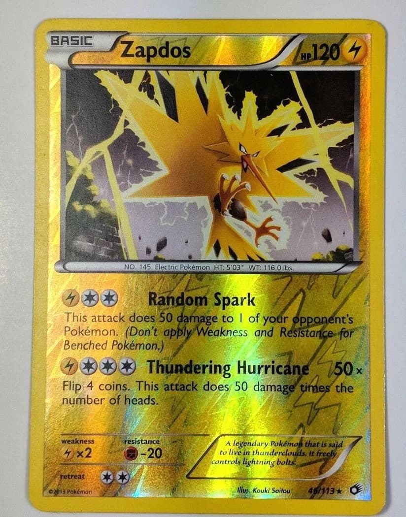 Zapdos reverse holo card front, Legendary Treasures 46/113