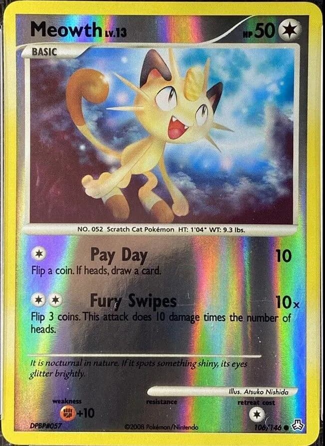 Meowth reverse holo card front, Legends Awakened 106/146