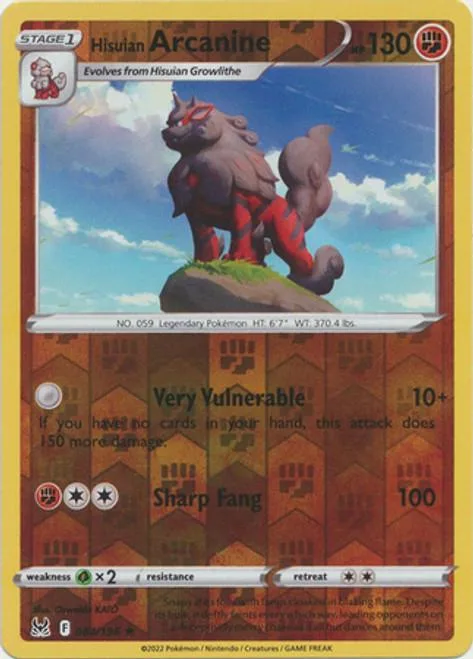 Hisuian Arcanine reverse holo card front, Lost Origin 84/196
