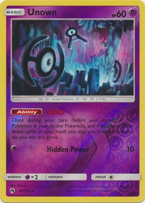 Unown reverse holo card front, Lost Thunder 91/214