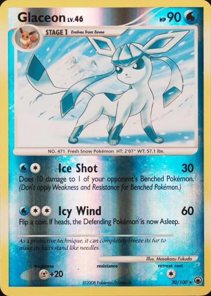Glaceon reverse holo card front, Majestic Dawn 20/100