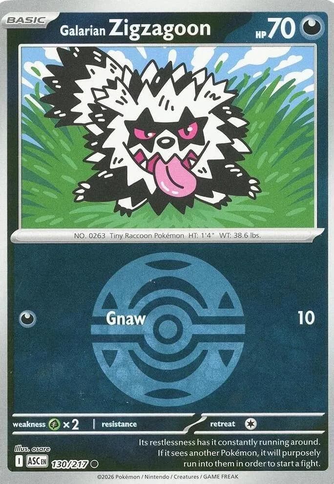Galarian Zigzagoon reverse holo card front, Ascended Heroes 130/217