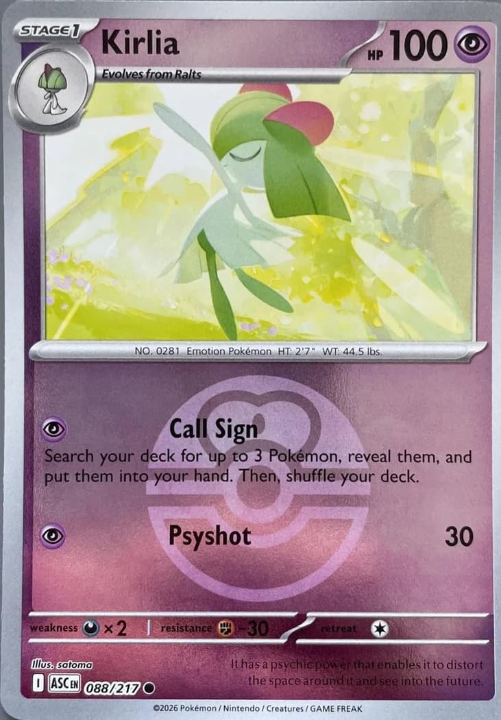 Kirlia reverse holo card front, Ascended Heroes 88/217
