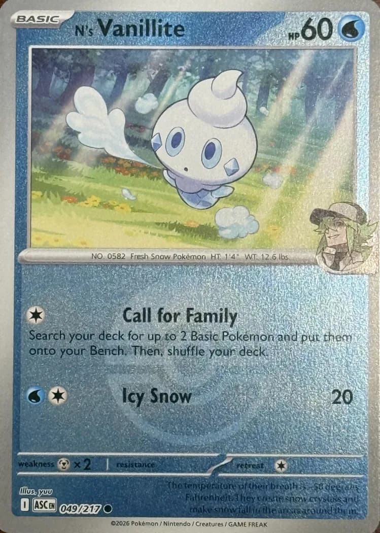 N's Vanillite reverse holo card front, Ascended Heroes 49/217
