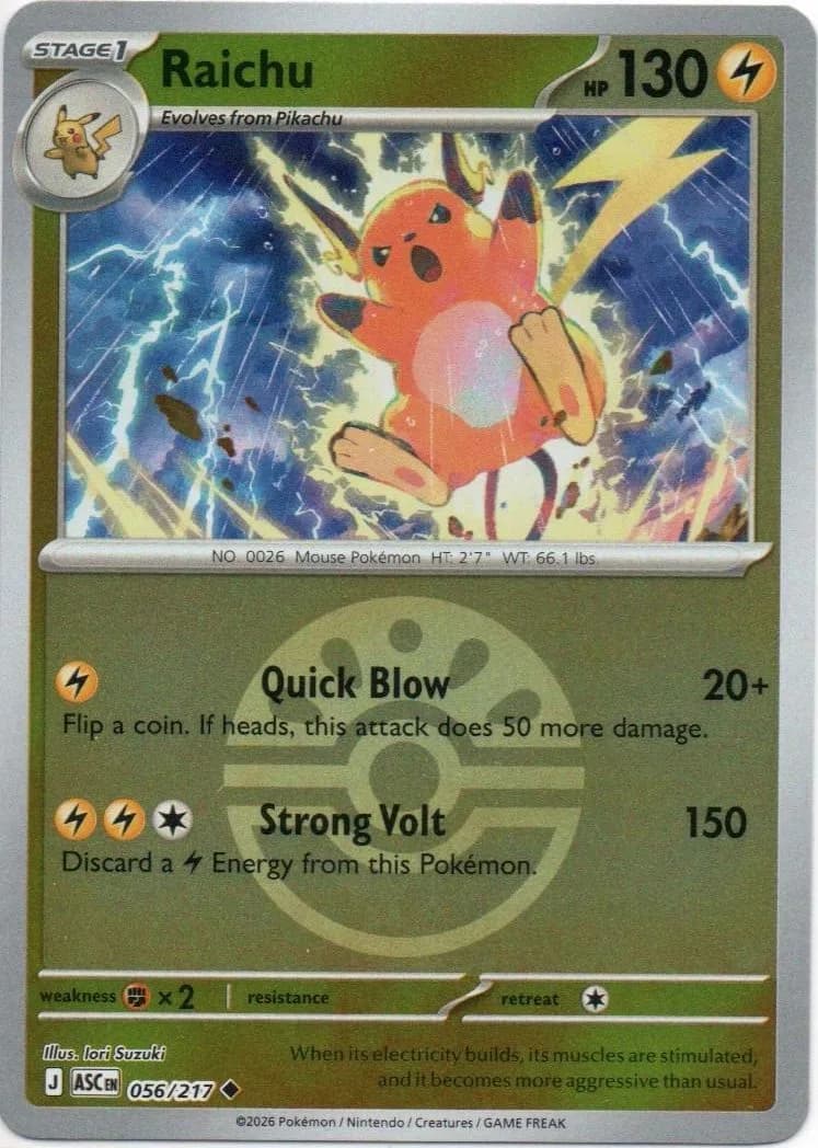 Raichu reverse holo card front, Ascended Heroes 56/217