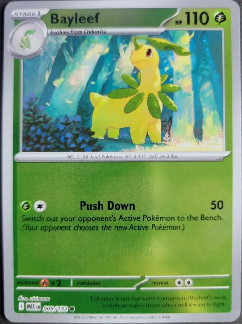 Bayleef reverse holo card front, Mega Evolution 9/132