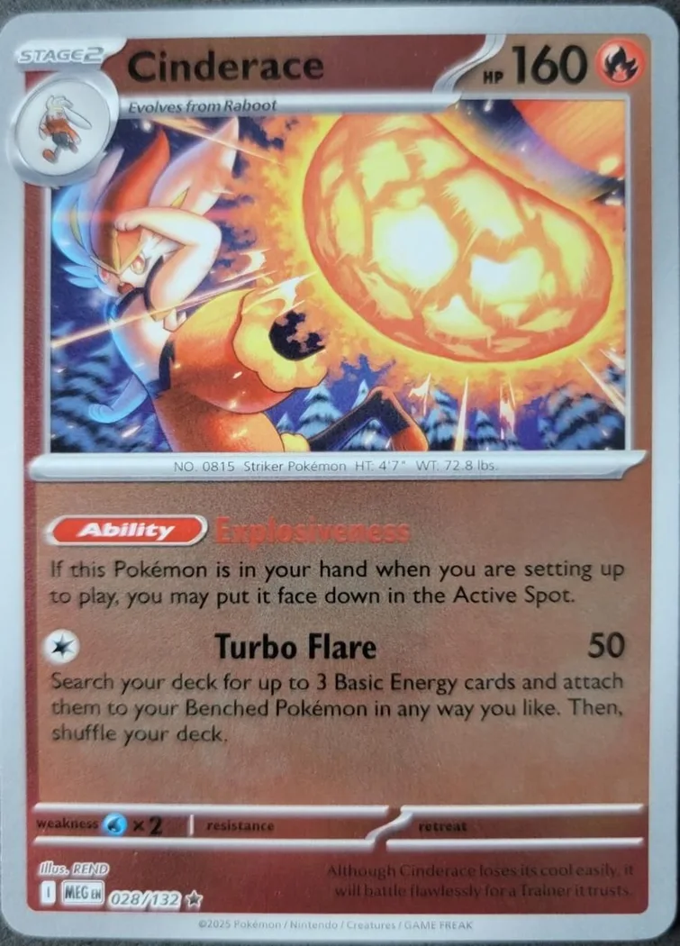 Cinderace reverse holo card front, Mega Evolution 28/132