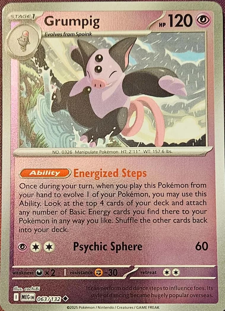 Grumpig reverse holo card front, Mega Evolution 63/132