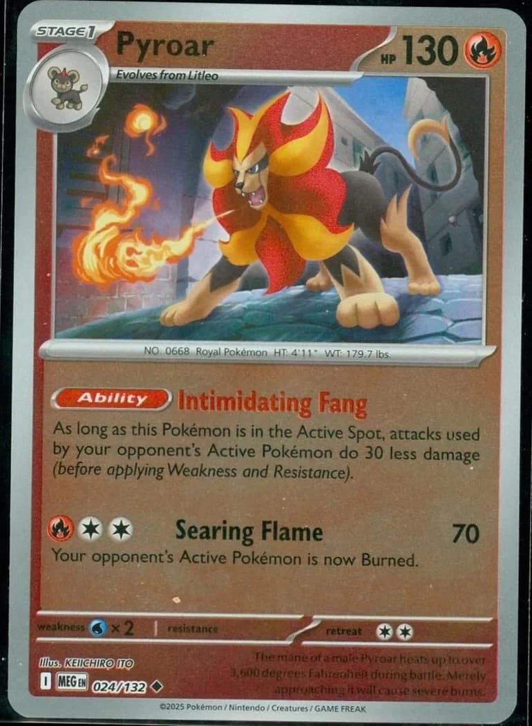 Pyroar reverse holo card front, Mega Evolution 24/132
