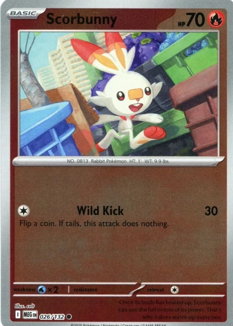 Scorbunny reverse holo card front, Mega Evolution 26/132