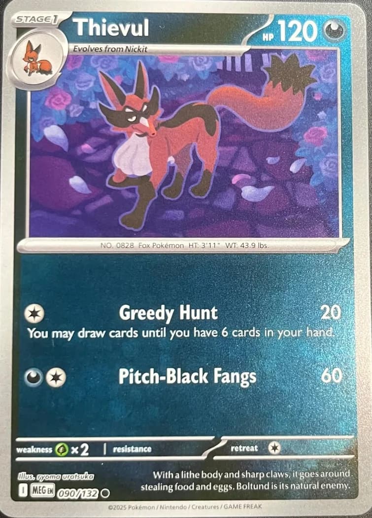 Thievul reverse holo card front, Mega Evolution 90/132