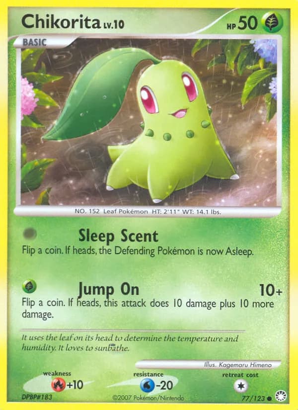 Mysterious Treasures Chikorita card front, 77/123