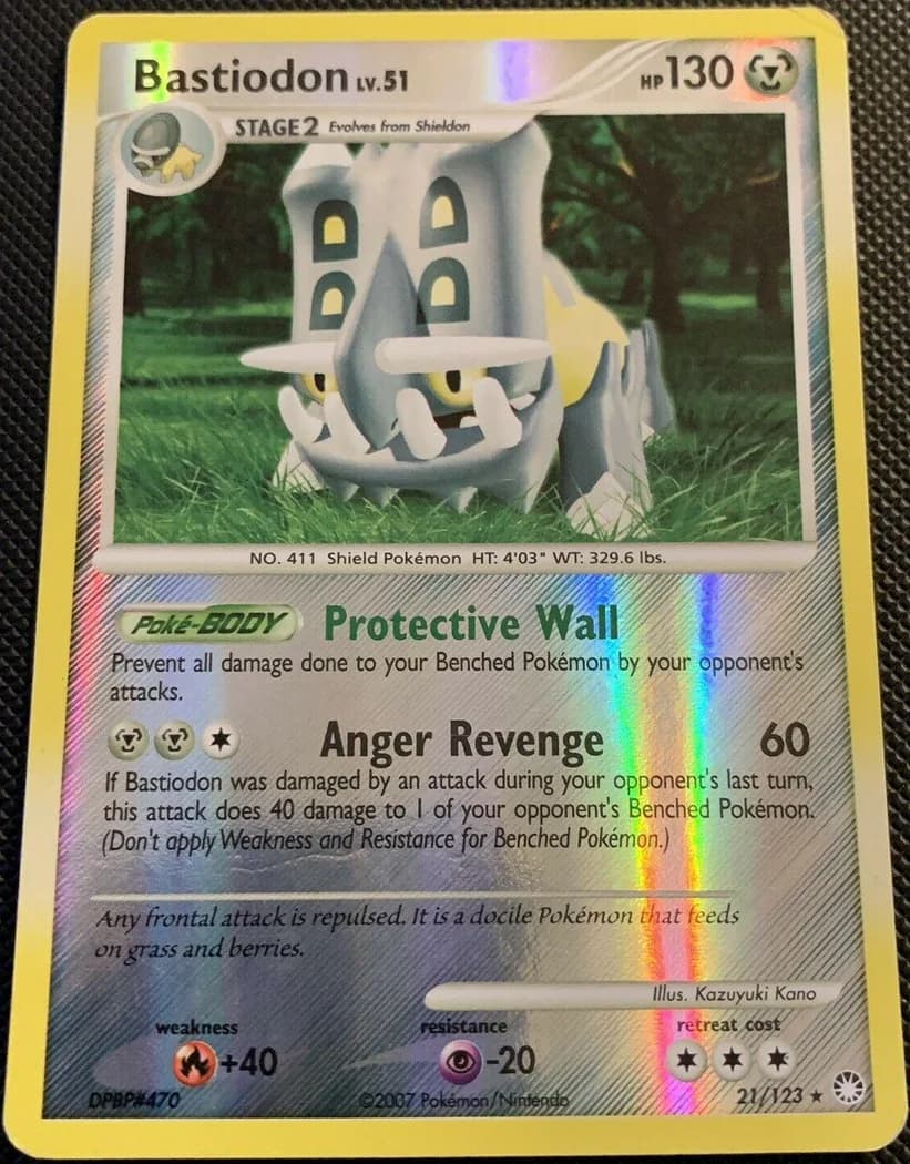 Bastiodon reverse holo card front, Mysterious Treasures 21/123