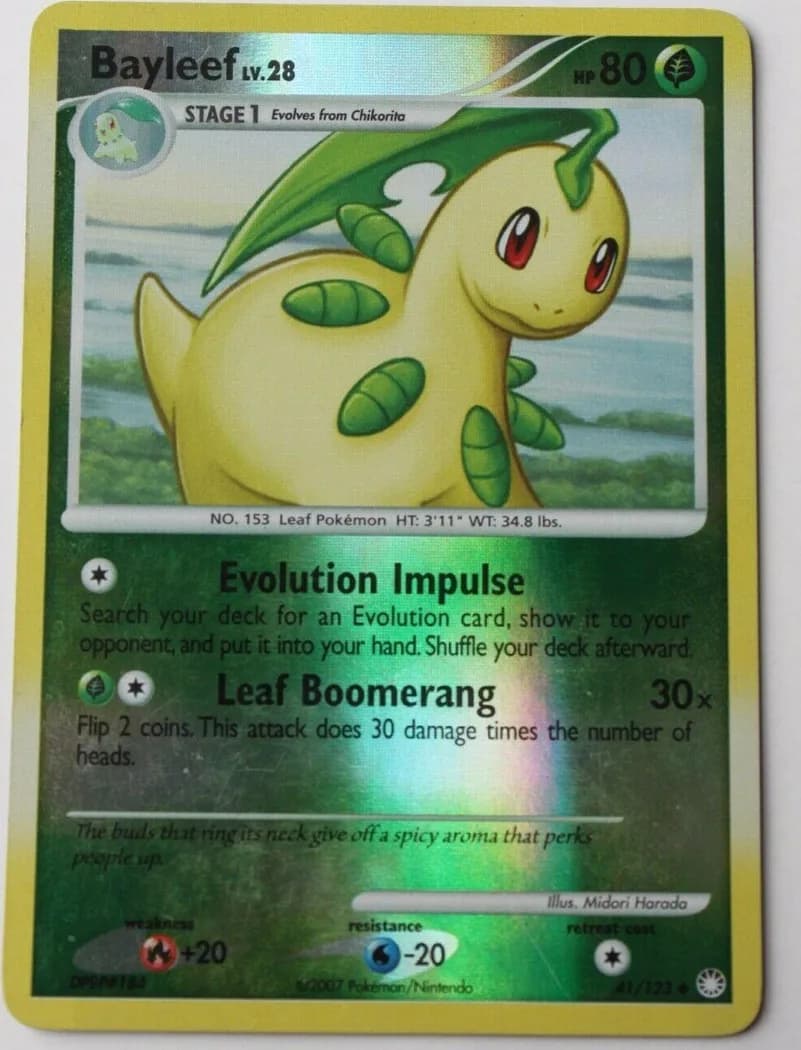 Bayleef reverse holo card front, Mysterious Treasures 41/123