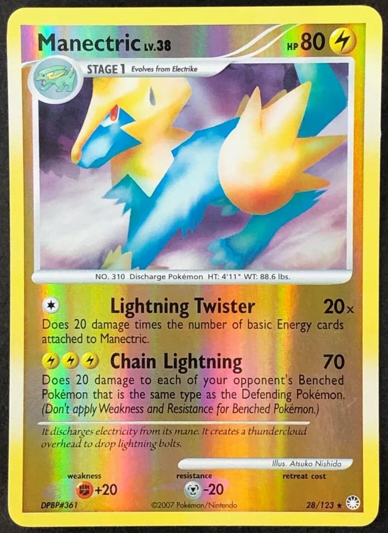 Manectric reverse holo card front, Mysterious Treasures 28/123